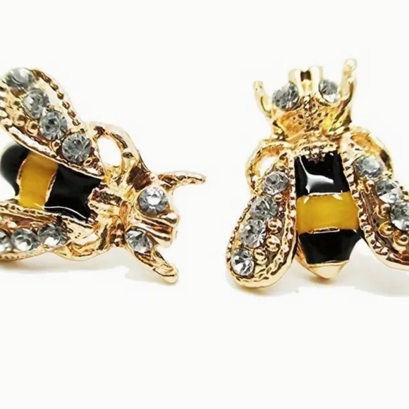 Bee Stud Earrings - Cubic Zirconia Glitters, with Alloy Base, and Enamel Colors - Picture 6 of 7